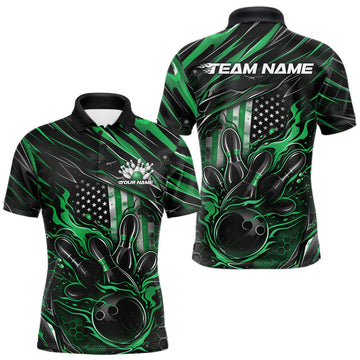 Maxcorners Custom Green American Flag Flame Men Bowling Polo Shirt, Patriotic Bowling Jersey LM0404