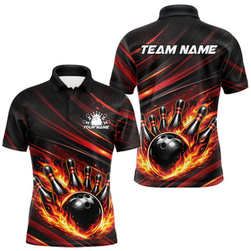 Maxcorners Custom Red Orange Fire Flame Bowling Team Men Polo Shirt, Bowling League Shirt LM0404