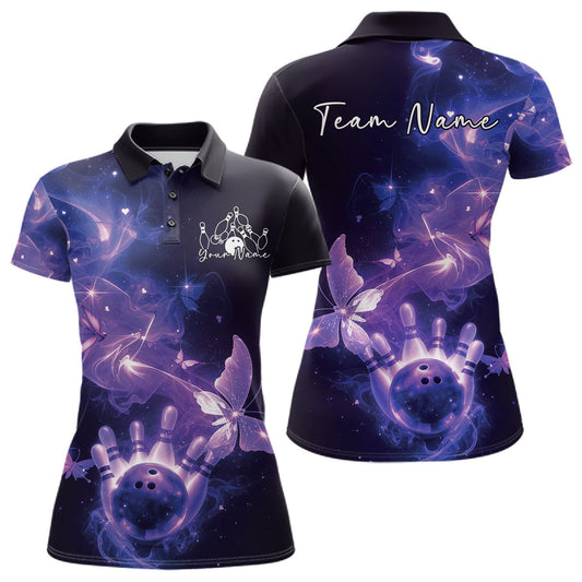 Custom Purple Galaxy Butterfly Bowling Women Polo Shirt, Ladies Bowling Team Outfit LM1203