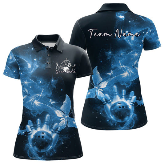 Custom Blue Galaxy Butterfly Bowling Women Polo Shirt, Ladies Bowling Team Outfit LM1203