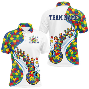 Maxcorners Custom Colorful Autism Awareness Butterfly Ribbon Bowling Men Shirt, Puzzles Jersey 5 LM1104
