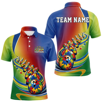 Maxcorners Custom Colorful Puzzles Autism Awareness Bowling Men Polo Shirt, Autism Acceptance Shirt