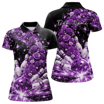 Custom Beautiful Purple Roses And Butterfly Women Bowling Team Shirt, Bowling League Shirt LM1203