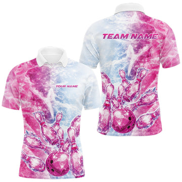 Maxcorners Custom Blue And Pink Ice Crystal Bowling Team Shirts, Bowling League Shirt Bowling Jerseys Multi Styles LM1501