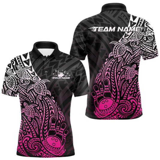 Maxcorners Custom Black And Pink Polynesian Tribal Turtle Bowling Men Polo Team Shirts Outfit