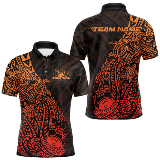 Maxcorners Custom Red Orange Polynesian Tribal Turtle Bowling Men Polo Team Shirts Outfit
