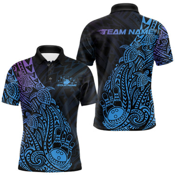 Maxcorners Custom Blue And Purple Polynesian Tribal Turtle Bowling Men Polo Team Shirts Outfit