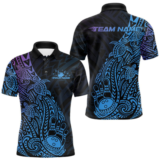 Maxcorners Custom Blue And Purple Polynesian Tribal Turtle Bowling Men Polo Team Shirts Outfit