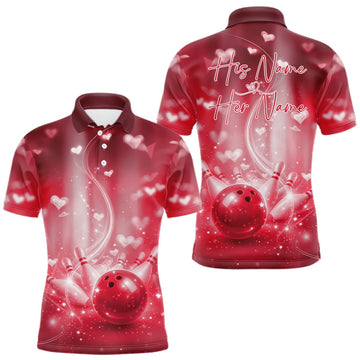 Maxcorners Custom Red Valentine Bowling Couple Shirts, Red Heart Theme Bowling Jerseys With His Name And Her Name LM1501