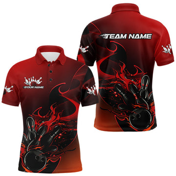 Maxcorners Custom Black And Red Flame Bowling Team Men Polo Shirt, Bowling Tournament Shirt