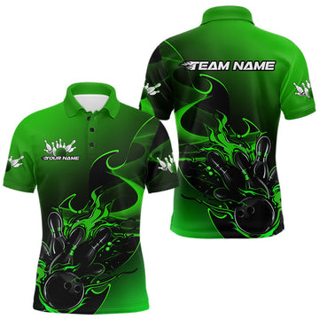 Maxcorners Custom Black And Green Flame Bowling Team Men Polo Shirt, Bowling Tournament Shirt