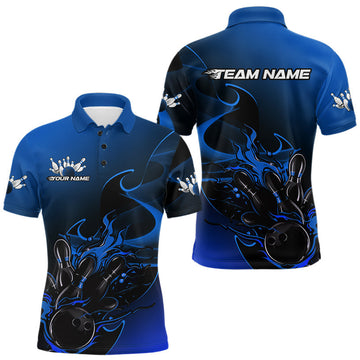 Maxcorners Custom Black And Blue Flame Bowling Team Men Polo Shirt, Bowling Tournament Shirt