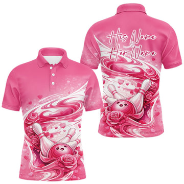 Maxcorners Custom Pink Heart Valentine Bowling Couples Shirt, Heart And Roses Bowling Husband And Wife Gifts With Name 2 LM2201