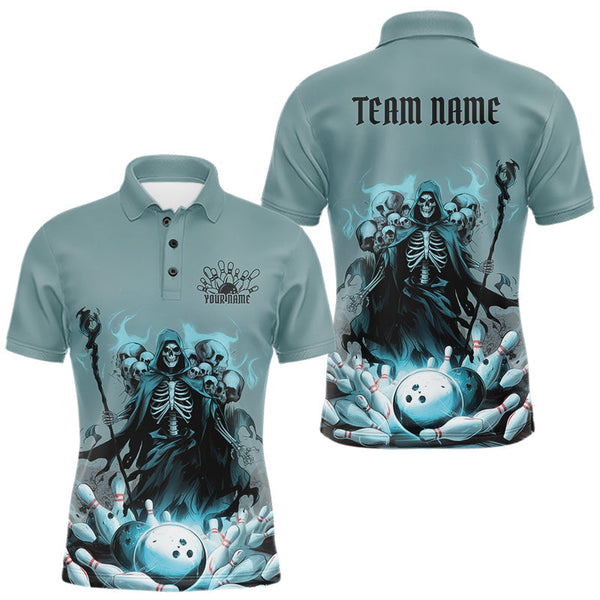 Maxcorners Custom Blue Flame Grim Reaper Bowling Men Polo Shirts, Piles Of Skull Halloween Outfit MT2009