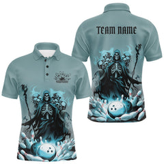Maxcorners Custom Blue Flame Grim Reaper Bowling Men Polo Shirts, Piles Of Skull Halloween Outfit MT2009