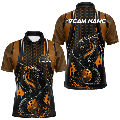 Maxcorners Custom Black And Orange Flame Dragon Bowling Jerseys, Dragon Bowling Team Men Polo Shirt MT2009