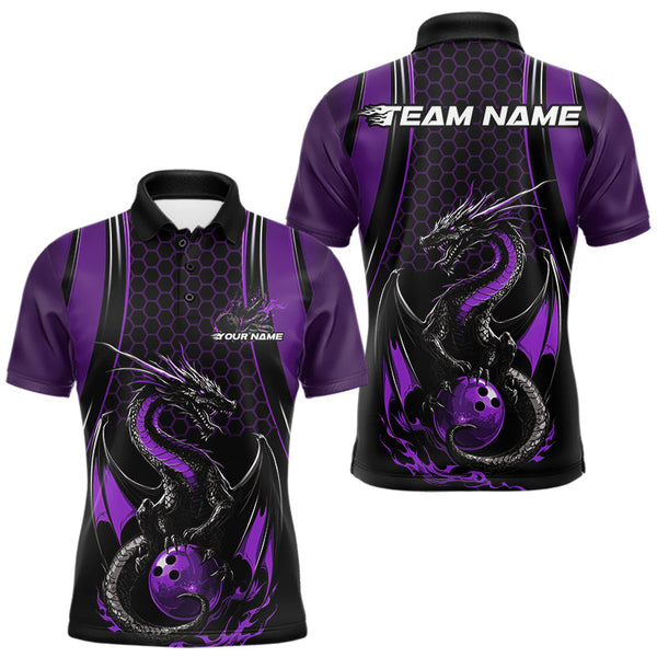 Maxcorners Custom Black And Purple Flame Dragon Bowling Jerseys, Dragon Bowling Team Men Polo Shirt MT2009