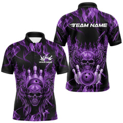 Maxcorners Custom Black And Purple Flame Skull With Wings Men Bowling Shirt, Halloween Team Shirt TU2511