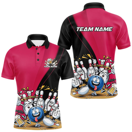 Maxcorners Custom Pink Funny Bowling Men Polo Shirts, Bowling And Beer Party Bowlers Outfit LM2602