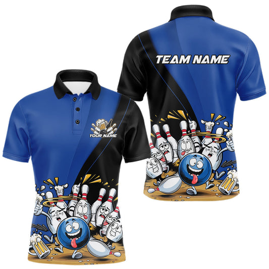 Maxcorners Custom Blue Funny Bowling Men Polo Shirts, Bowling And Beer Party Bowlers Outfit LM2602