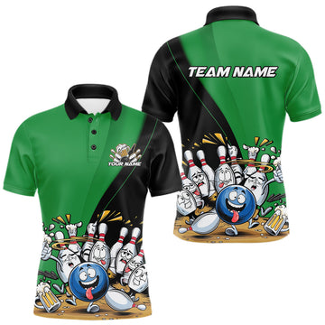 Maxcorners Custom Green Funny Bowling Men Polo Shirts, Bowling And Beer Party Bowlers Outfit LM2602