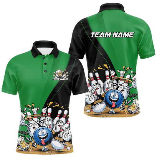 Maxcorners Custom Green Funny Bowling Men Polo Shirts, Bowling And Beer Party Bowlers Outfit LM2602