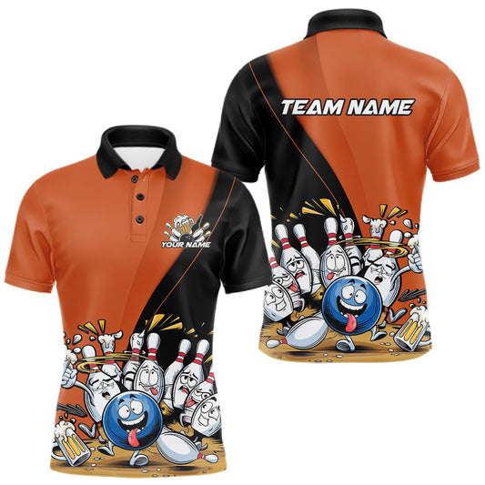 Maxcorners Custom Orange Funny Bowling Men Polo Shirts, Bowling And Beer Party Bowlers Outfit LM2602