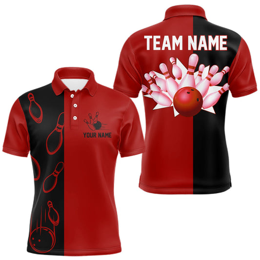 Maxcorners Red and Black retro vintage Bowling polo, quarter zip shirts for men custom Bowling team jerseys LM2901