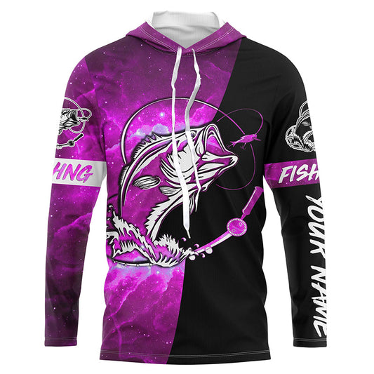 Maxcorners Bass Fishing tattoo pink galaxy black Custom name performance UV protection long sleeve fishing shirts LM0201
