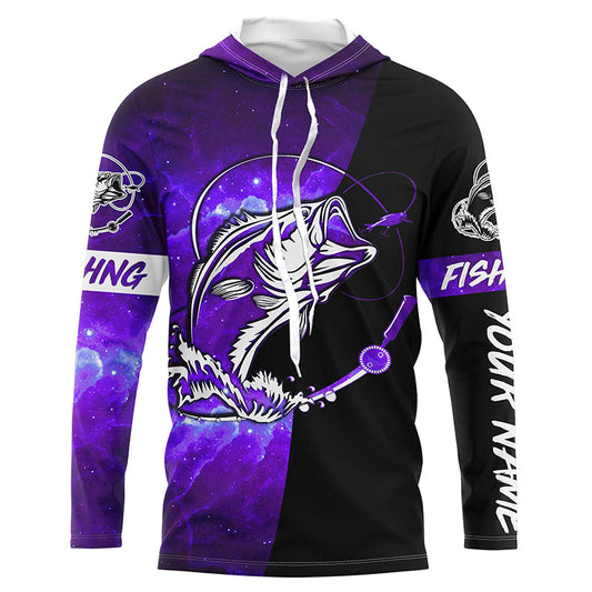 Maxcorners Bass Fishing tattoo purple galaxy black Custom performance UV protection long sleeve fishing shirts LM0201