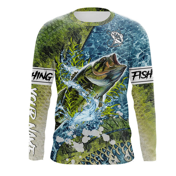 MaxCorners Largemouth Bass Fishing Water Camo Customized Name 3D Long Sleeve Shirt