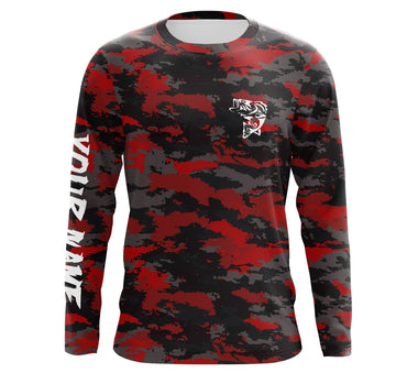 Maxcorners Bass fishing Red camouflage Custom Name Long sleeve, Long Sleeve Hooded Fishing Shirt - LM0201