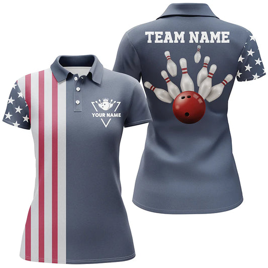 Maxcorners Custom vintage Bowling polo shirts for men American flag patriotic Bowling team jerseys | Blue LM1605