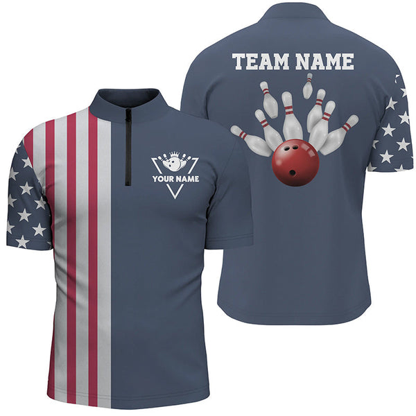 MaxCorners Bowling Ball And Pins American Flag Patriotic 2 Customized Name, Team Name 3D Stand Collar Zipper Polo Shirt