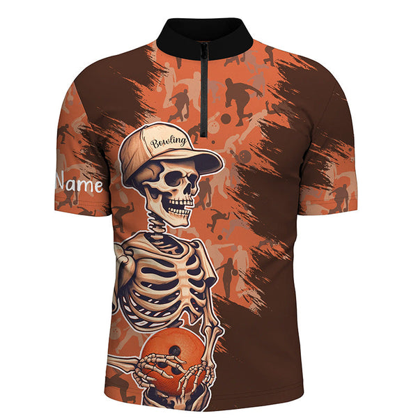 MaxCorners Bowling Ball And Pins Skull Orange Camo Customized Name, Team Name 3D Stand Collar Zipper Polo Shirt