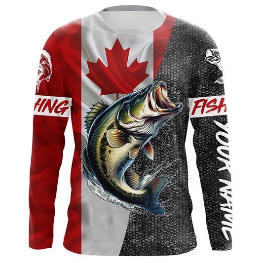 Maxcorners Custom Canadian Flag Bass Fishing Jerseys, Bass patriotic performance Fishing Shirts | Long sleeve LM0201