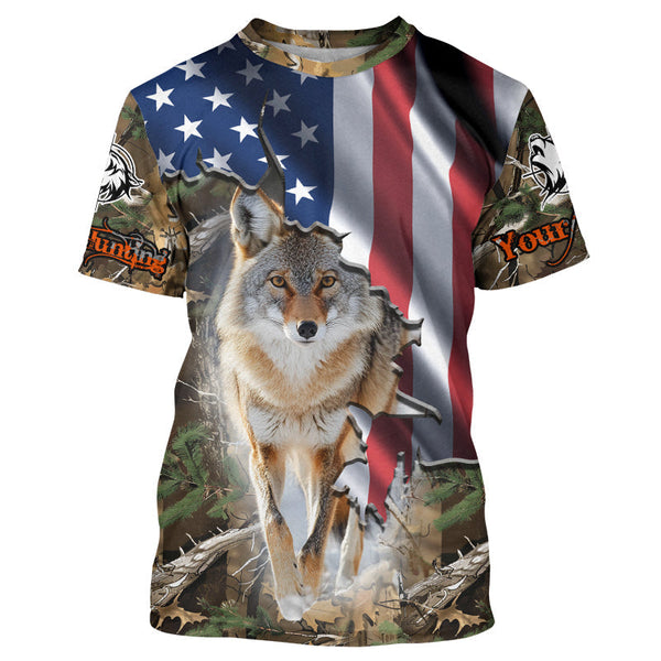 Maxcorners American Flag Coyote Hunting Predator Camouflage Custom Name Shirt 3D All Over Printed Clothes