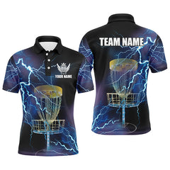 Maxcorners Mens disc golf polo shirts custom blue lightning thunder disc golf basket team disco golf outfit MT0510