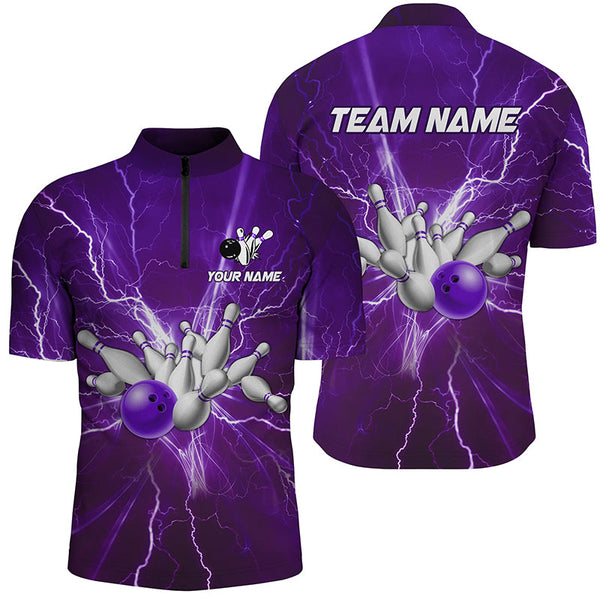 MaxCorners Bowling And Pins Lightning Thunder Customized Name, Team Name 3D Stand Collar Zipper Polo Shirt For Men