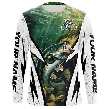 Maxcorners Personalized Largemouth Bass fishing white grunge long sleeve Fishing Shirts LM0201