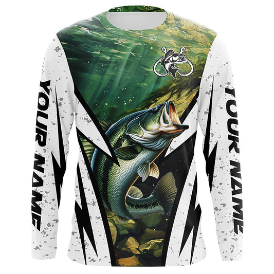 Maxcorners Personalized Largemouth Bass fishing white grunge long sleeve Fishing Shirts LM0201