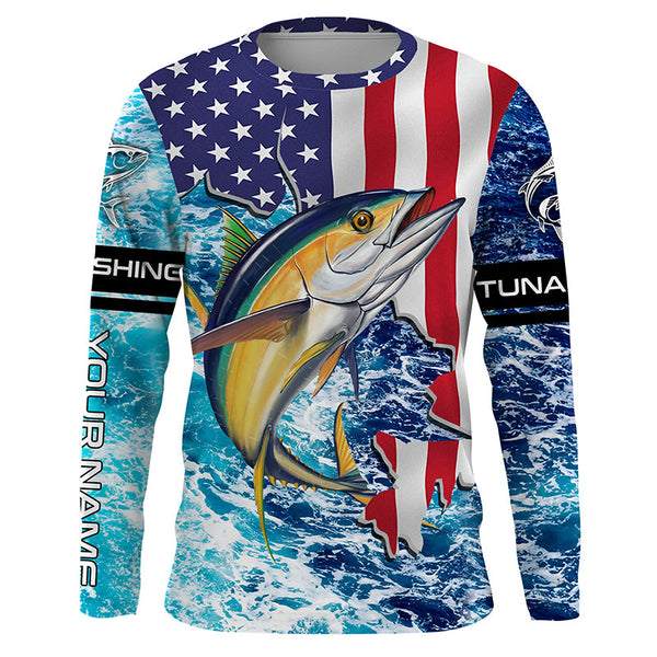 Maxcorners Tuna fishing American flag blue sea camo Custom sun protection long sleeve fishing shirts for men LM2408