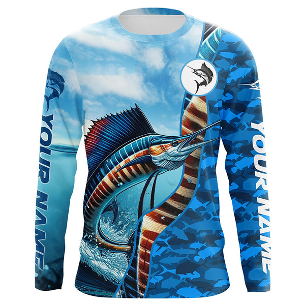 Maxcorners Marlin saltwater fishing Custom sea blue camo UV Protection Fishing shirts, sailfish fishing Jerseys LM2408