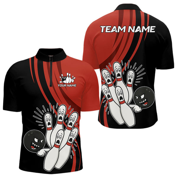 Maxcorners Funny Bowling ball and pins Black and Red Bowling Team Shirts For Men Custom Retro Bowling Jerseys LM0607
