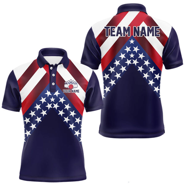 Maxcorners Red, White & Blue American Flag Mens Bowling Polo, 1/4 Zip Shirt Custom Patriotic Team Bowling Jersey LM0607