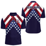 Maxcorners Red, White & Blue American Flag Mens Bowling Polo, 1/4 Zip Shirt Custom Patriotic Team Bowling Jersey LM0607