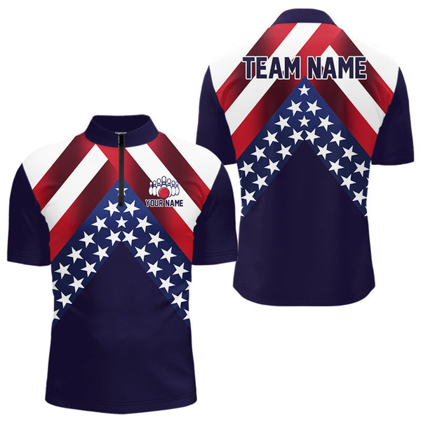 Maxcorners Red, White & Blue American Flag Mens Bowling Polo, 1/4 Zip Shirt Custom Patriotic Team Bowling Jersey LM0607
