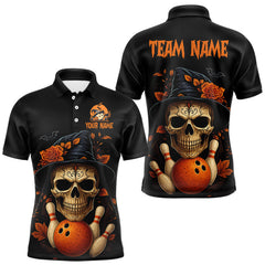 Maxcorners Black and Orange Skull Bowling Polo, Quarter Zip Shirts For Men Custom Halloween Bowling Team Jerseys LM0910