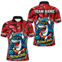 Maxcorners Funny Red Camo Shark Men Bowling Polo, Quarter Zip Shirts Custom Team Shark Bowling Outfit Jersey LM1506