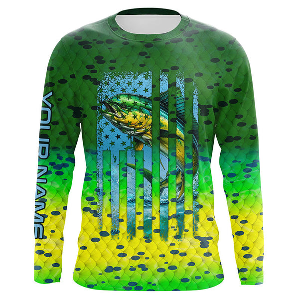 Maxcorners Mahi Mahi ( Dorado) Fishing American Flag Green Mahi Mahi Scales Customized Long Sleeve Fishing Shirts